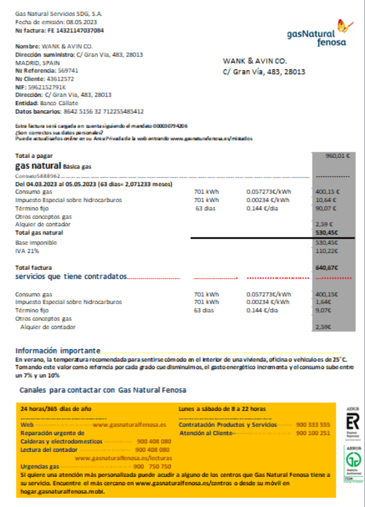 Spain GasNatural fenosa utility business bill, SCR PSD template